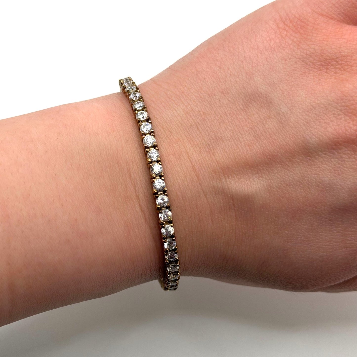 Gold Tone Bracelet With Round-Cut CZ Stones & 925 Clasp