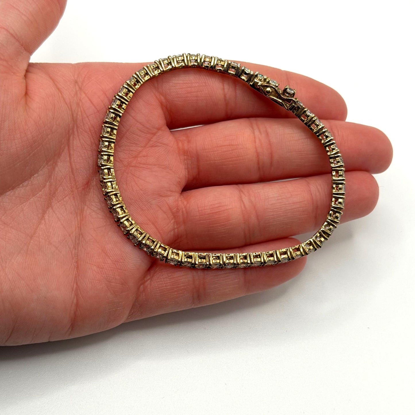 Gold Tone Bracelet With Round-Cut CZ Stones & 925 Clasp