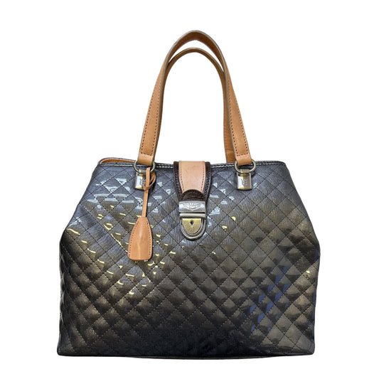 Consuela Quilted Black & Tan Patent Leather Handbag w/Silver-Tone Lock & Dual Handles