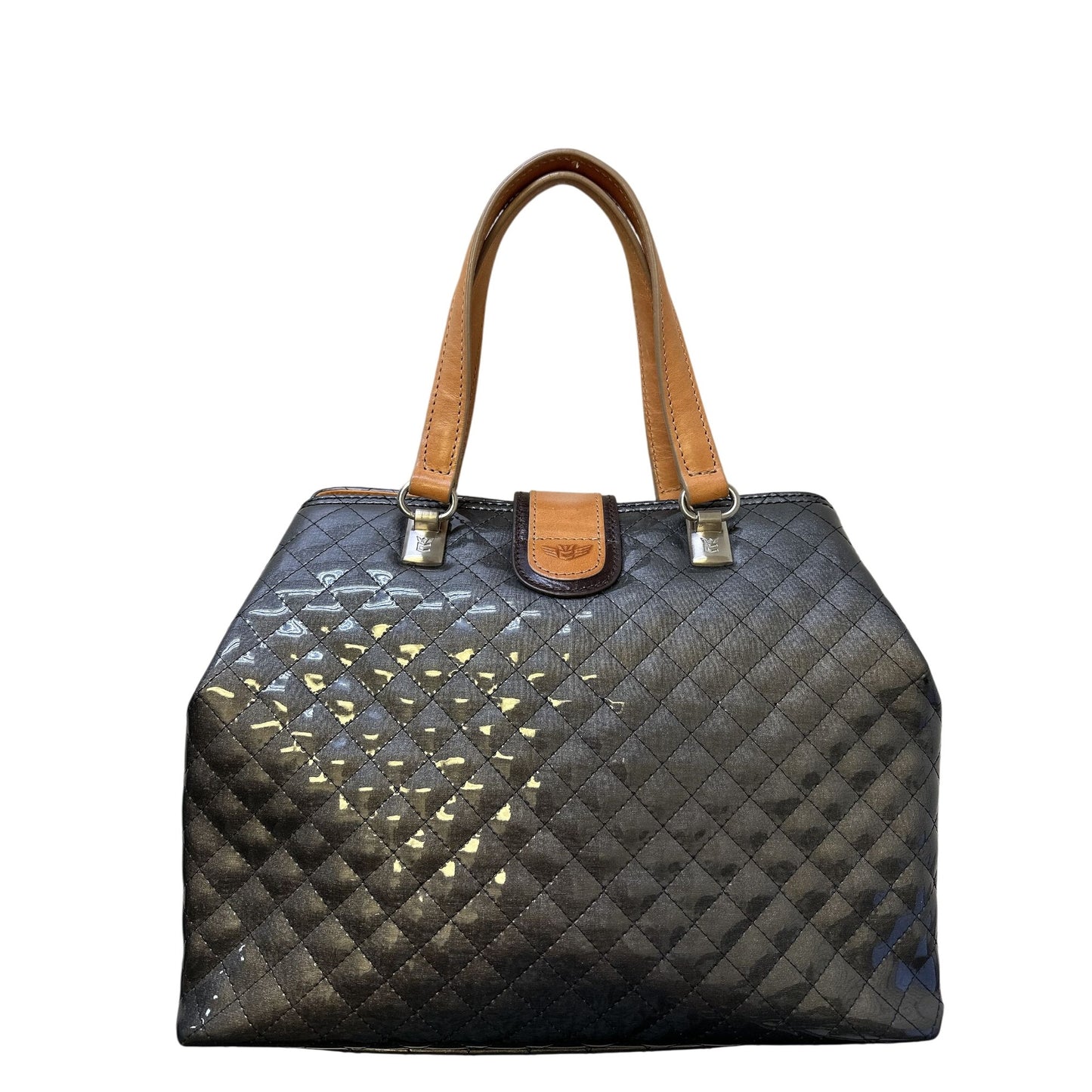 Consuela Quilted Black & Tan Patent Leather Handbag w/Silver-Tone Lock & Dual Handles