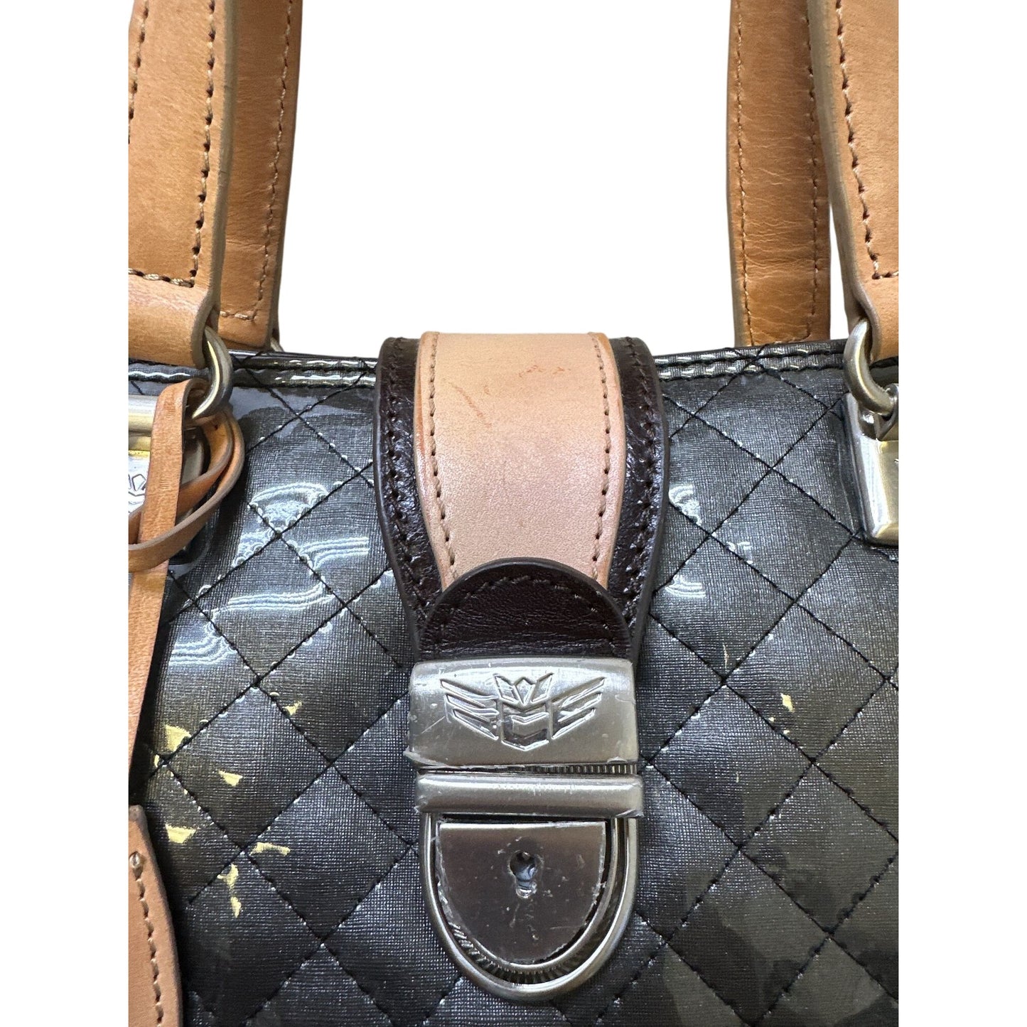 Consuela Quilted Black & Tan Patent Leather Handbag w/Silver-Tone Lock & Dual Handles