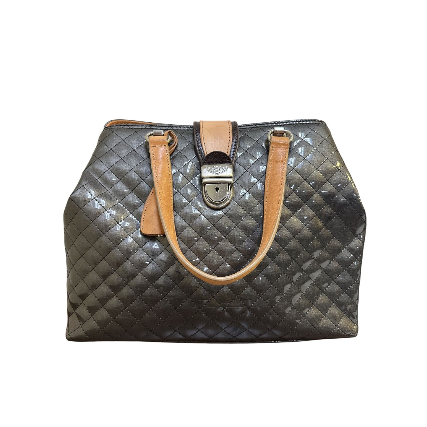 Consuela Quilted Black & Tan Patent Leather Handbag w/Silver-Tone Lock & Dual Handles