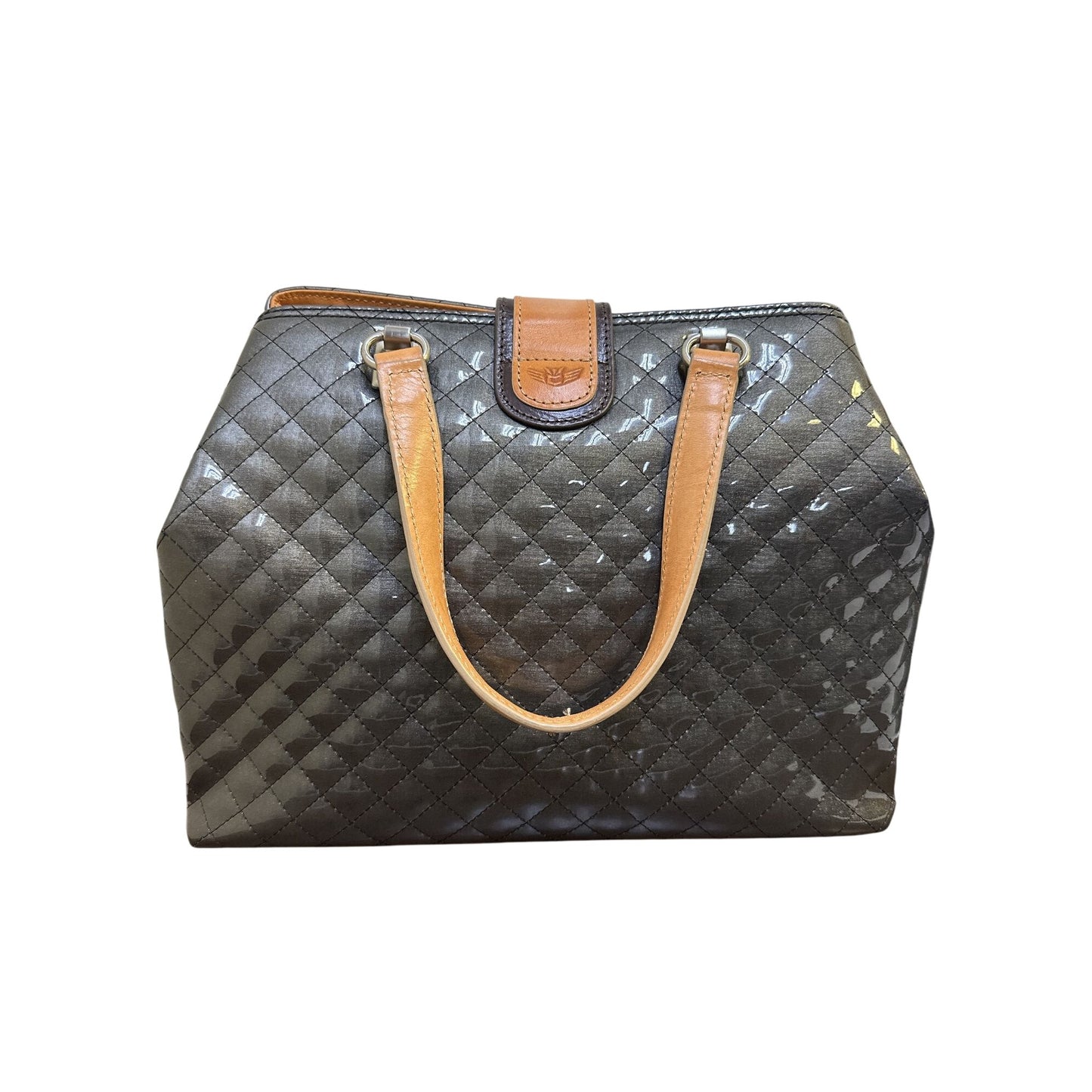 Consuela Quilted Black & Tan Patent Leather Handbag w/Silver-Tone Lock & Dual Handles