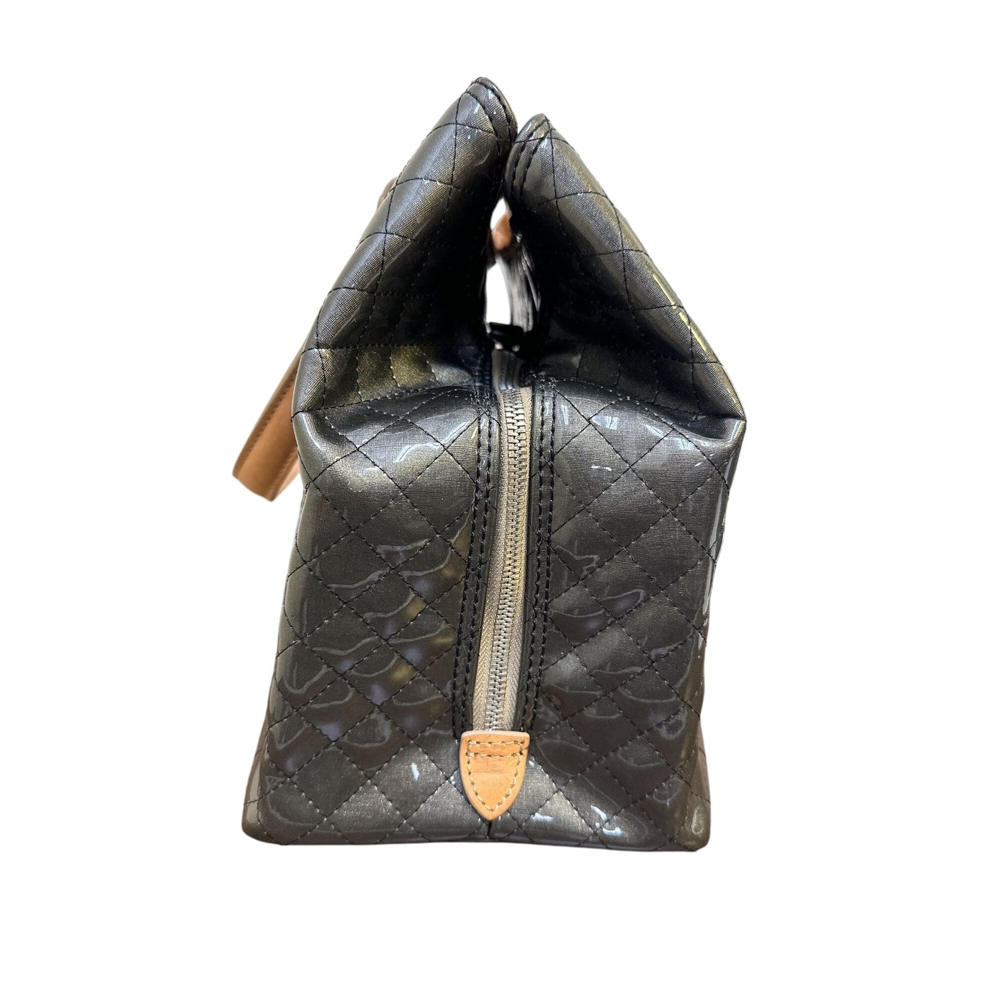 Consuela Quilted Black & Tan Patent Leather Handbag w/Silver-Tone Lock & Dual Handles