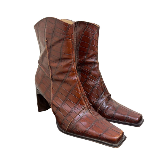 Antonio Melani Brown Croc-Embossed Leather Boots Size 8