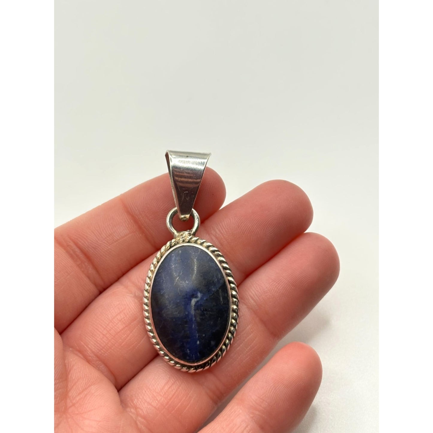 Sterling Silver 925 Oval Blue Stone Sodalite Pendant With Braided Edge Native American