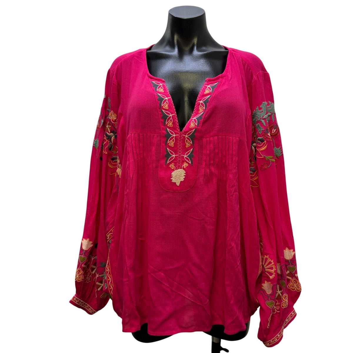 Easel Pink Embroidered Boho Long-Sleeve Blouse M