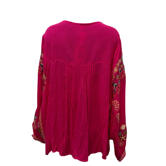 Easel Pink Embroidered Boho Long-Sleeve Blouse M