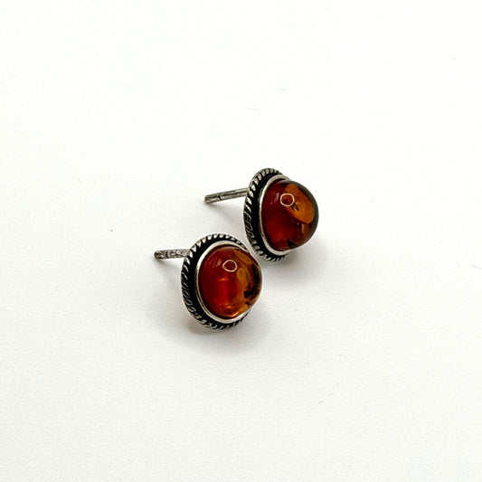 925 Sterling Silver Baltic Amber Round Stud Earrings