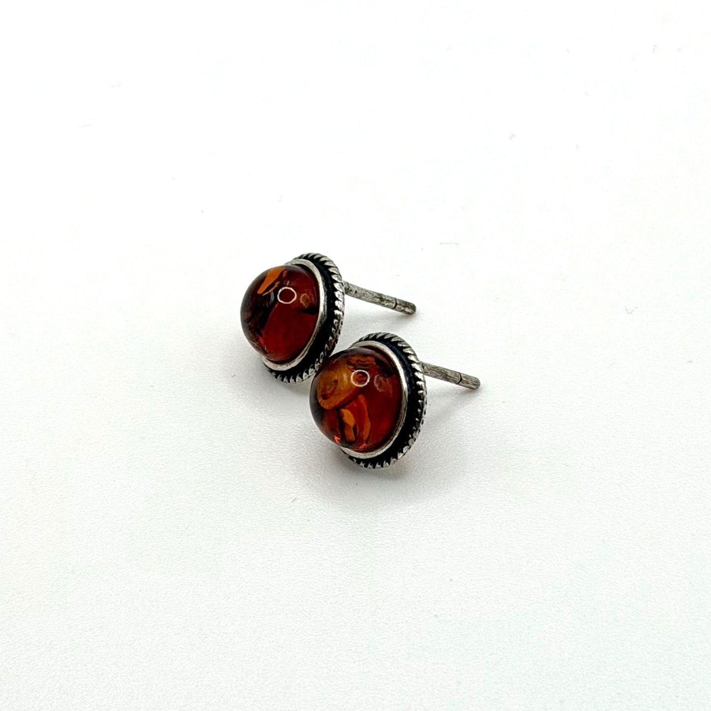 925 Sterling Silver Baltic Amber Round Stud Earrings