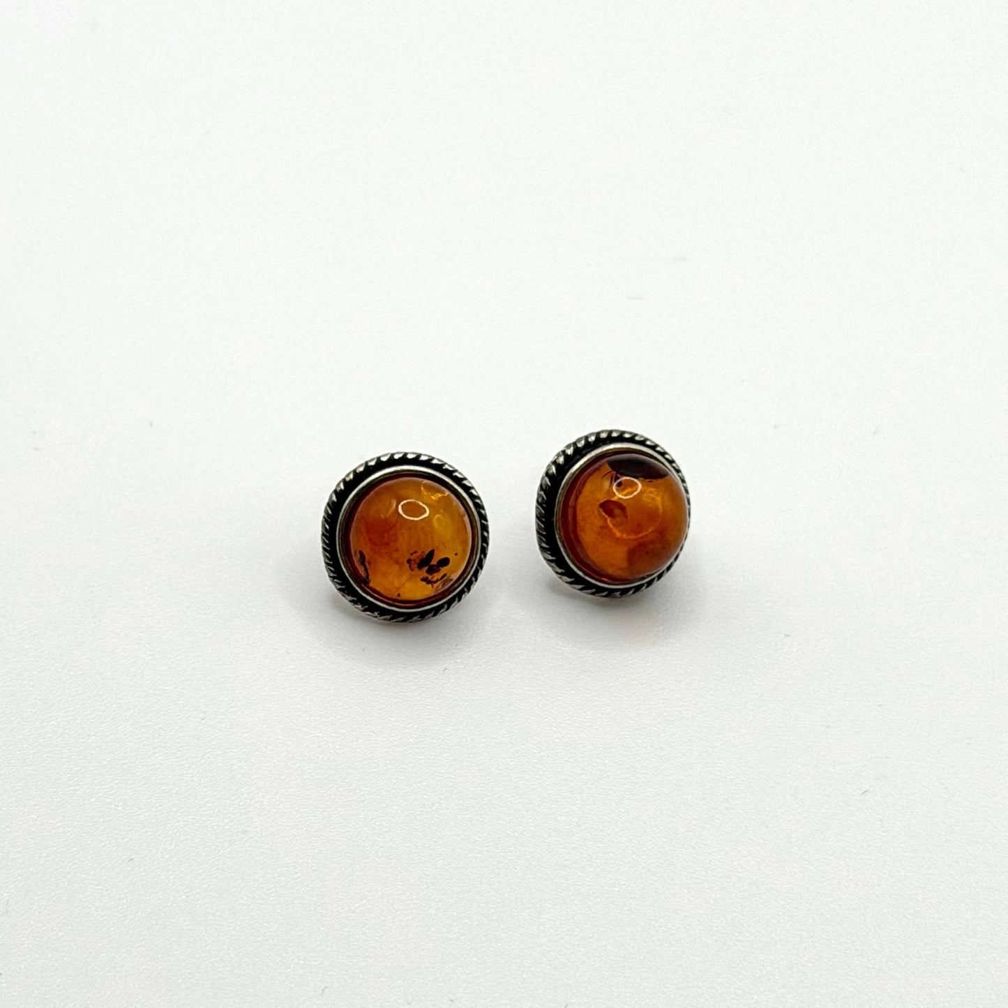 925 Sterling Silver Baltic Amber Round Stud Earrings