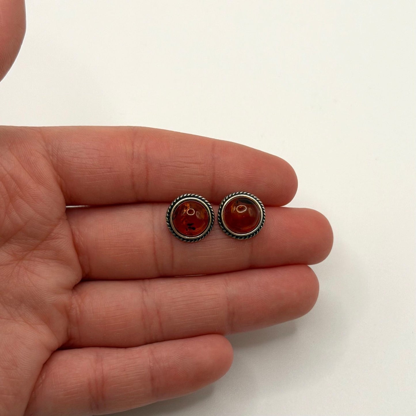 925 Sterling Silver Baltic Amber Round Stud Earrings