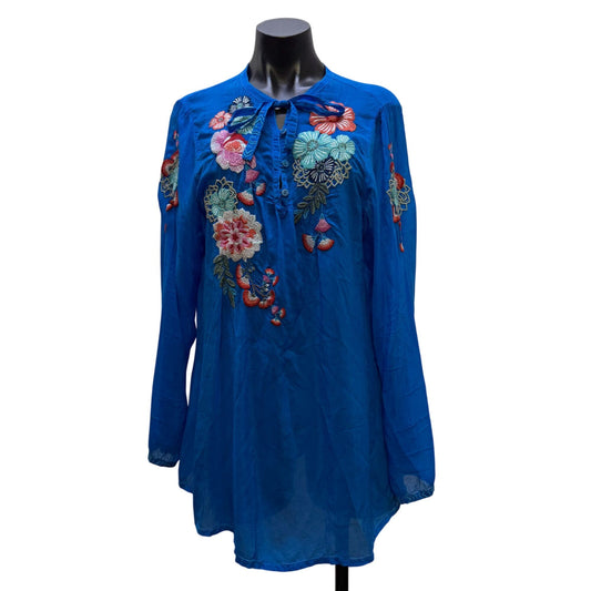 Johnny Was Blue Floral Embroidered Blouse With Long Sleeves Size L