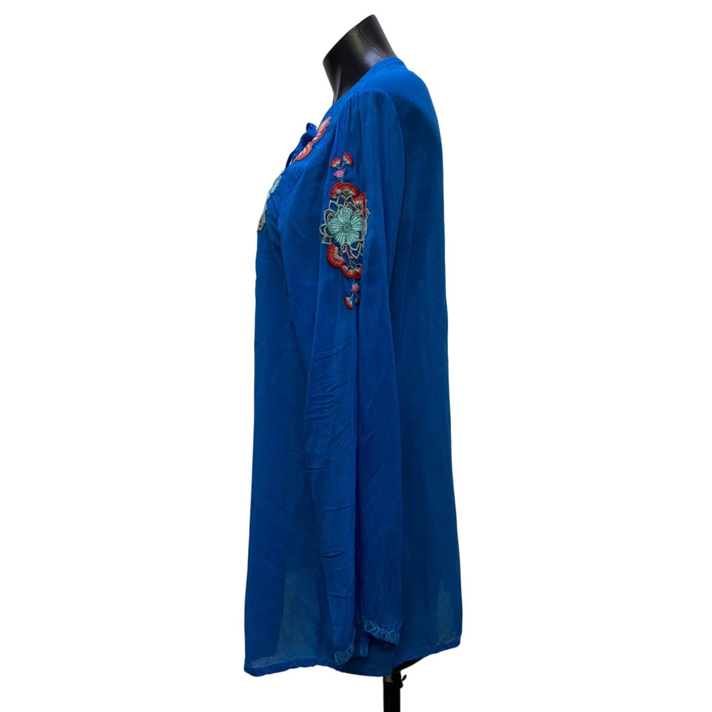 Johnny Was Blue Floral Embroidered Blouse With Long Sleeves Size L