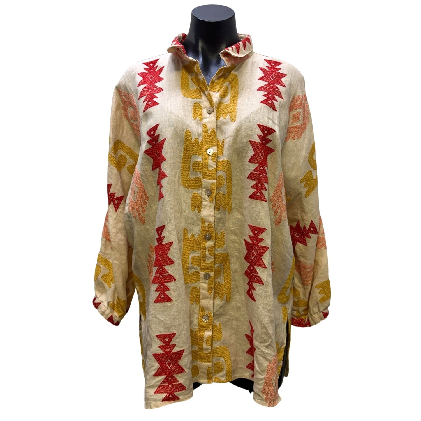 NWT John Mark Linen Embroidered Button-Down Blouse Cream Yellow Red Size L