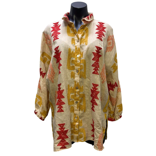 NWT John Mark Linen Embroidered Button-Down Blouse Cream Yellow Red Size L