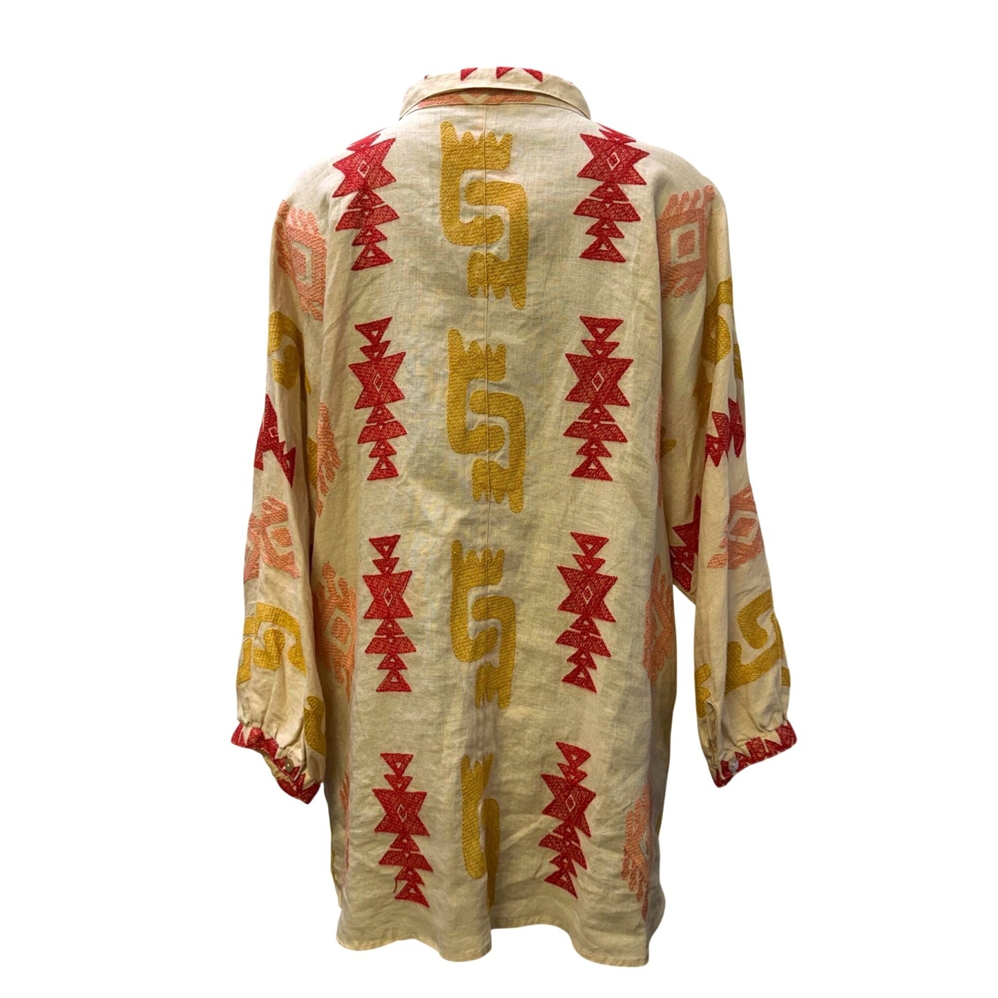 NWT John Mark Linen Embroidered Button-Down Blouse Cream Yellow Red Size L
