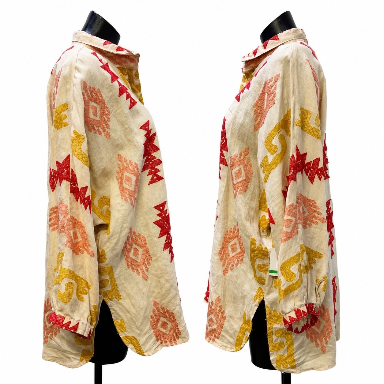 NWT John Mark Linen Embroidered Button-Down Blouse Cream Yellow Red Size L
