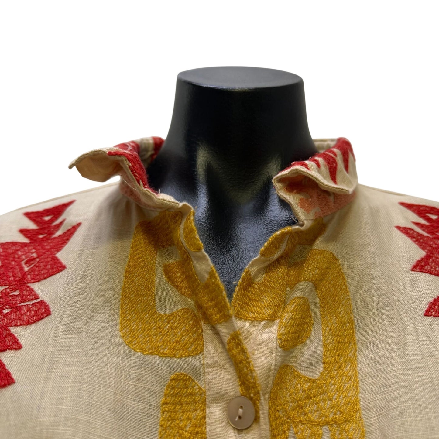 NWT John Mark Linen Embroidered Button-Down Blouse Cream Yellow Red Size L