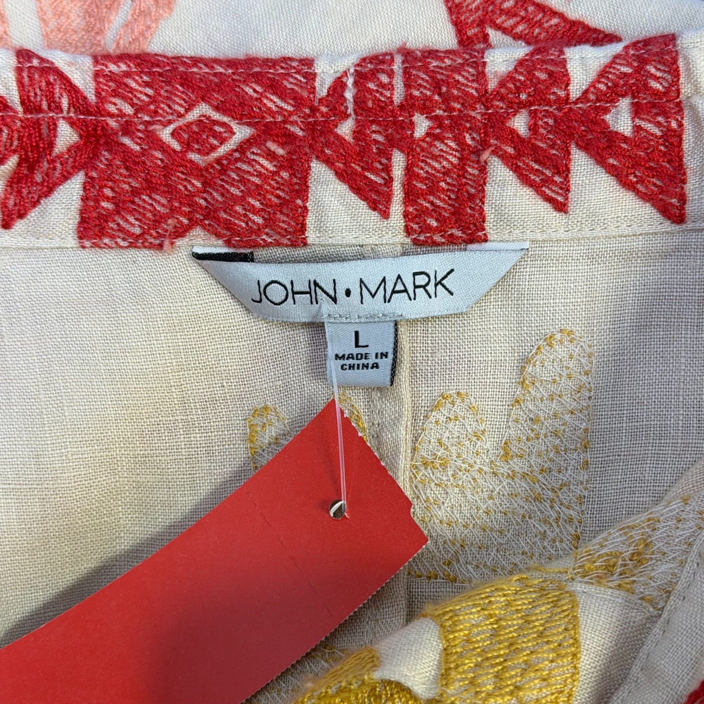 NWT John Mark Linen Embroidered Button-Down Blouse Cream Yellow Red Size L