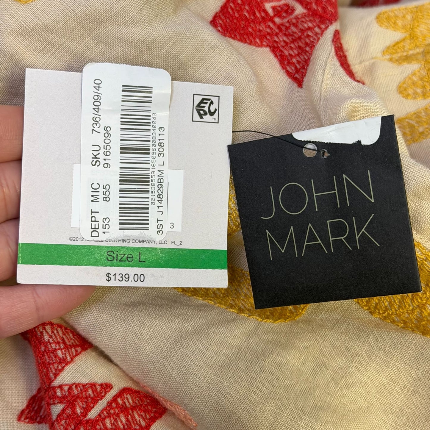 NWT John Mark Linen Embroidered Button-Down Blouse Cream Yellow Red Size L