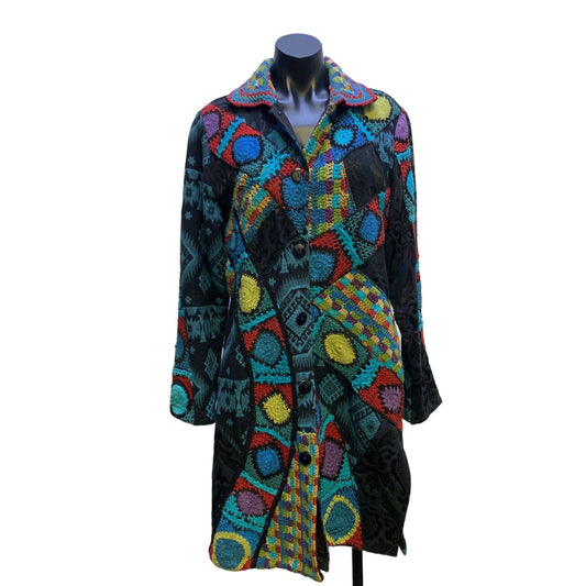 Sandy Starkman Patchwork Bohemian Multicolor Crochet & Tapestry Coat  XL