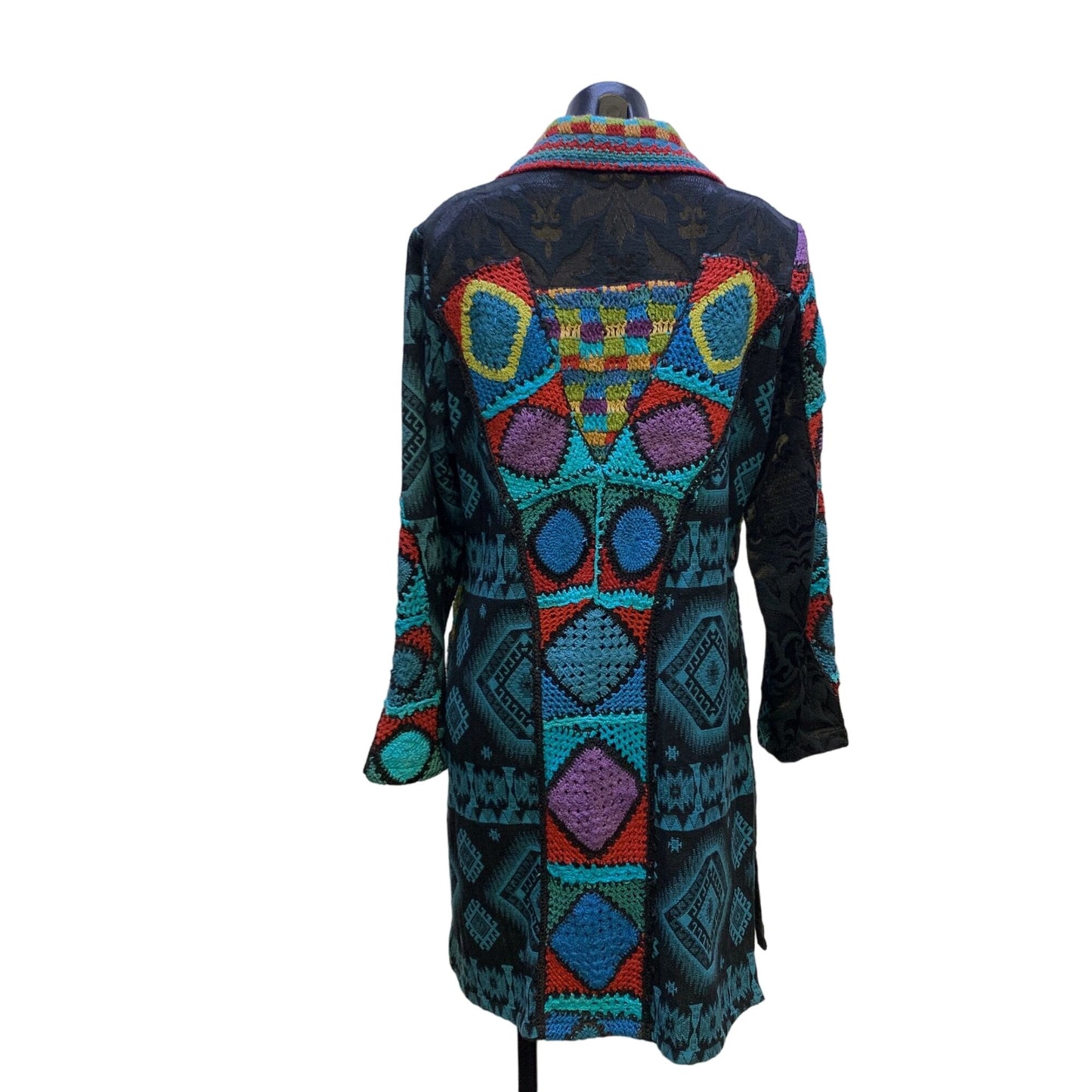 Sandy Starkman Patchwork Bohemian Multicolor Crochet & Tapestry Coat  XL