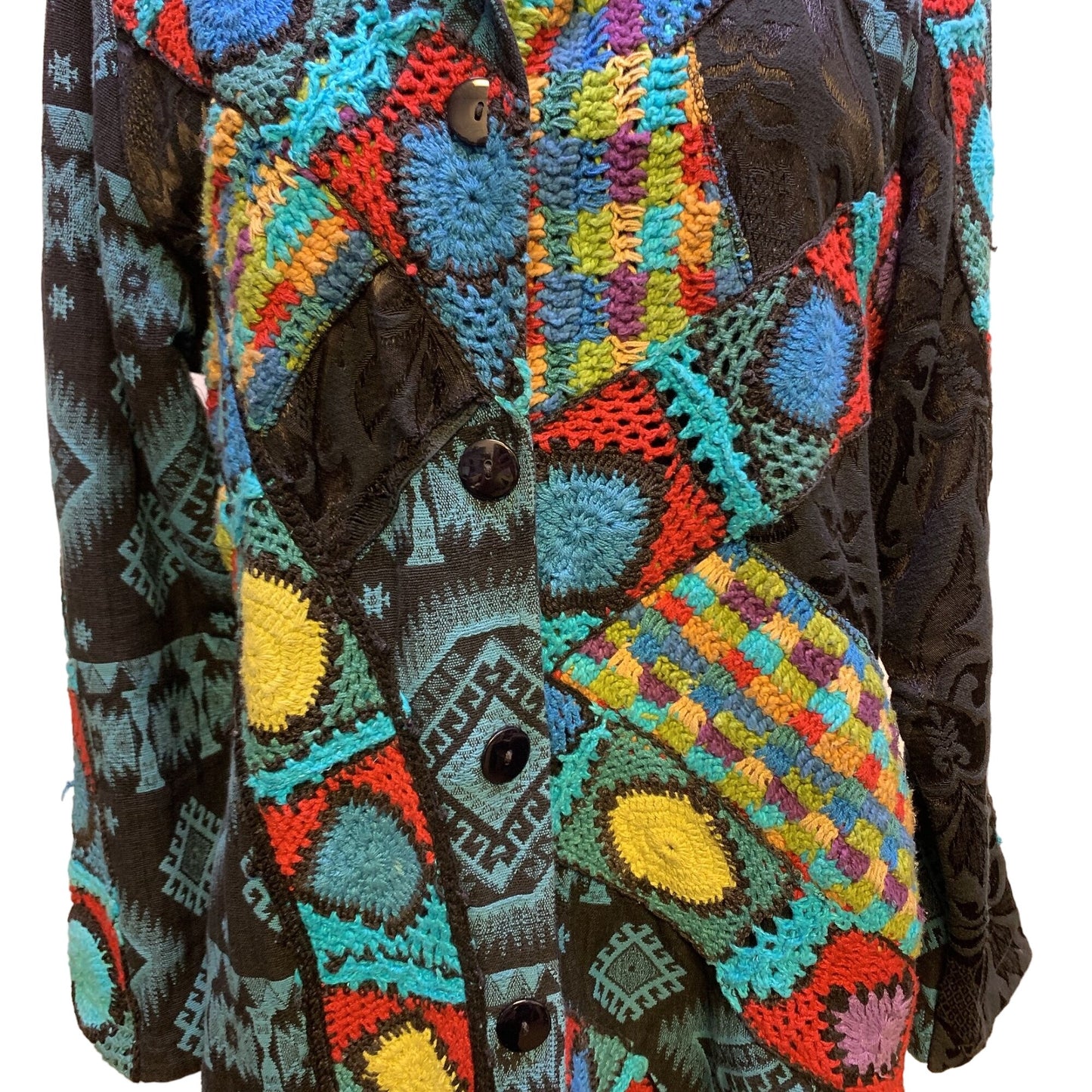 Sandy Starkman Patchwork Bohemian Multicolor Crochet & Tapestry Coat  XL