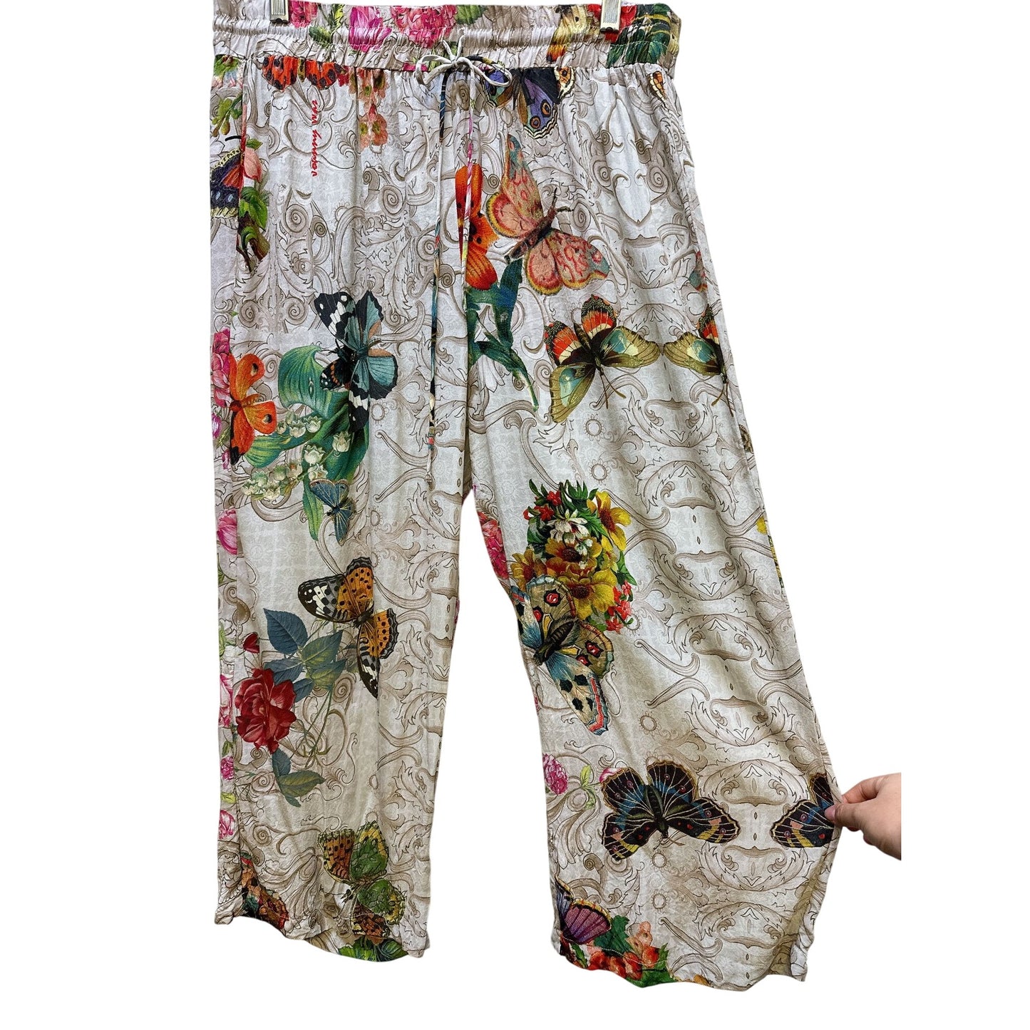 Johnny Was 2P Set Floral & Butterfly Print Silk Blouse and pants Size L