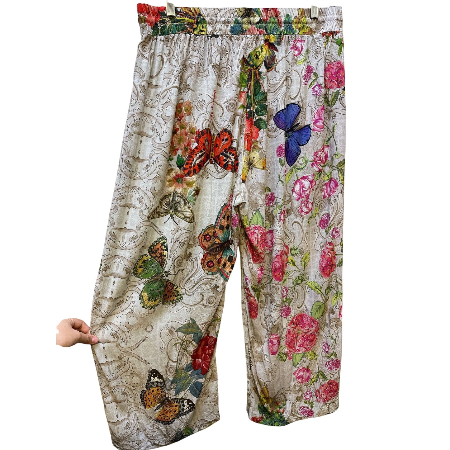 Johnny Was 2P Set Floral & Butterfly Print Silk Blouse and pants Size L