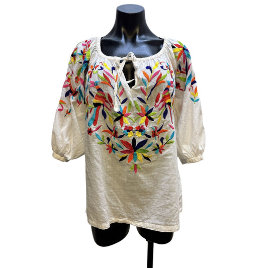 Roja Embroidered Peasant Blouse Boho Floral Design White Size XS