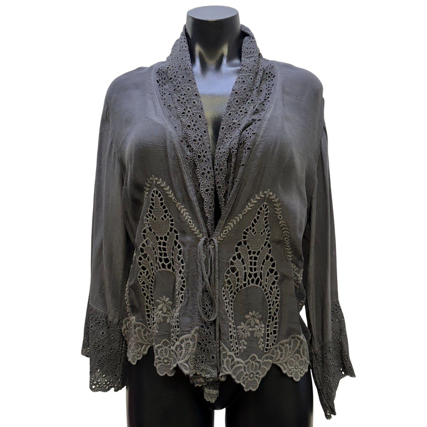 Johnny Was Gray Open Cardigan Tie Front Closure Size S