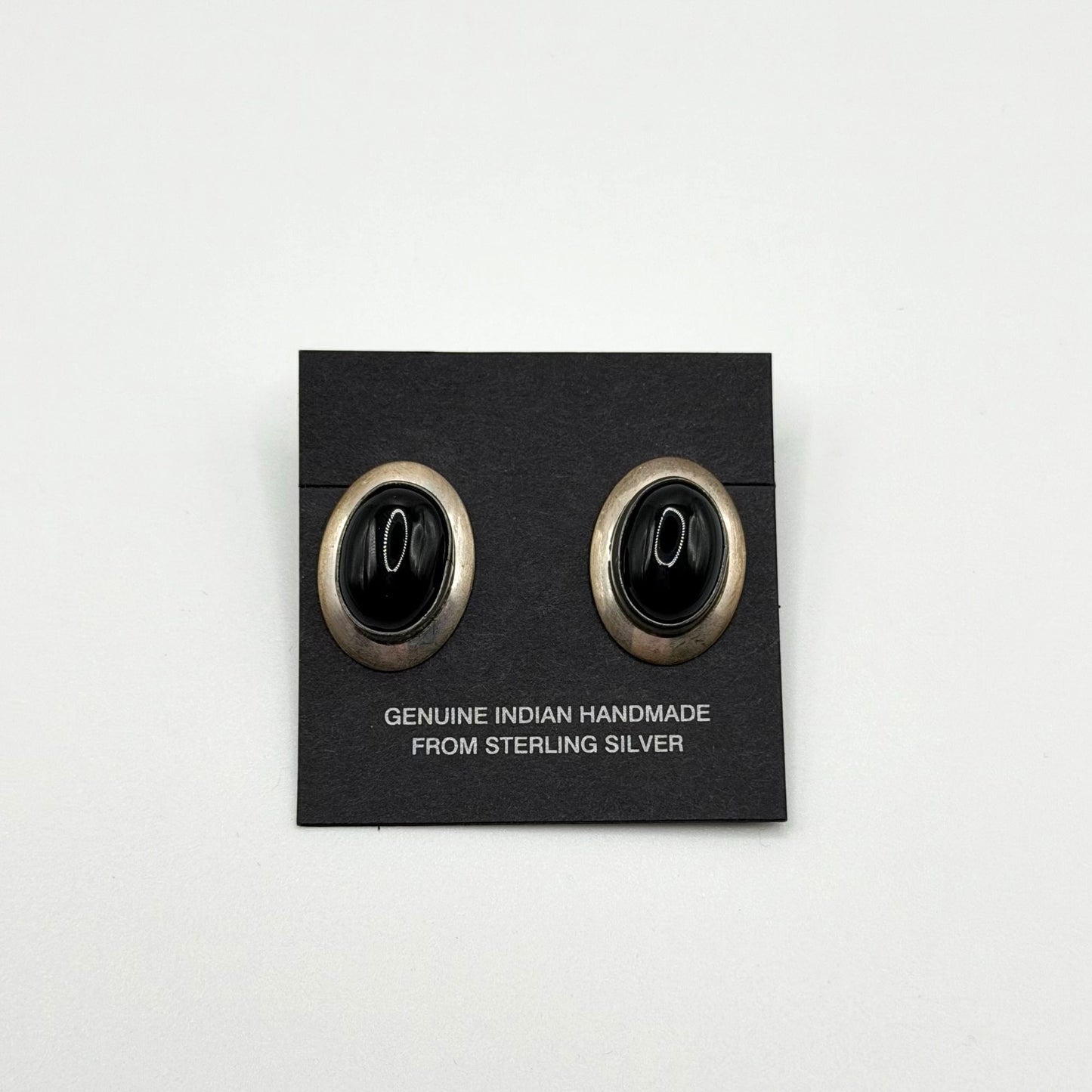 Navajo Genuine Indian Handmade Sterling Silver Oval Earrings With Black Onyx