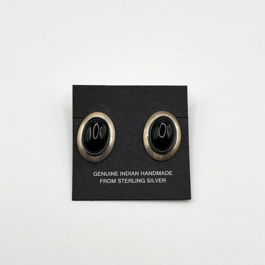 Navajo Genuine Indian Handmade Sterling Silver Oval Earrings With Black Onyx