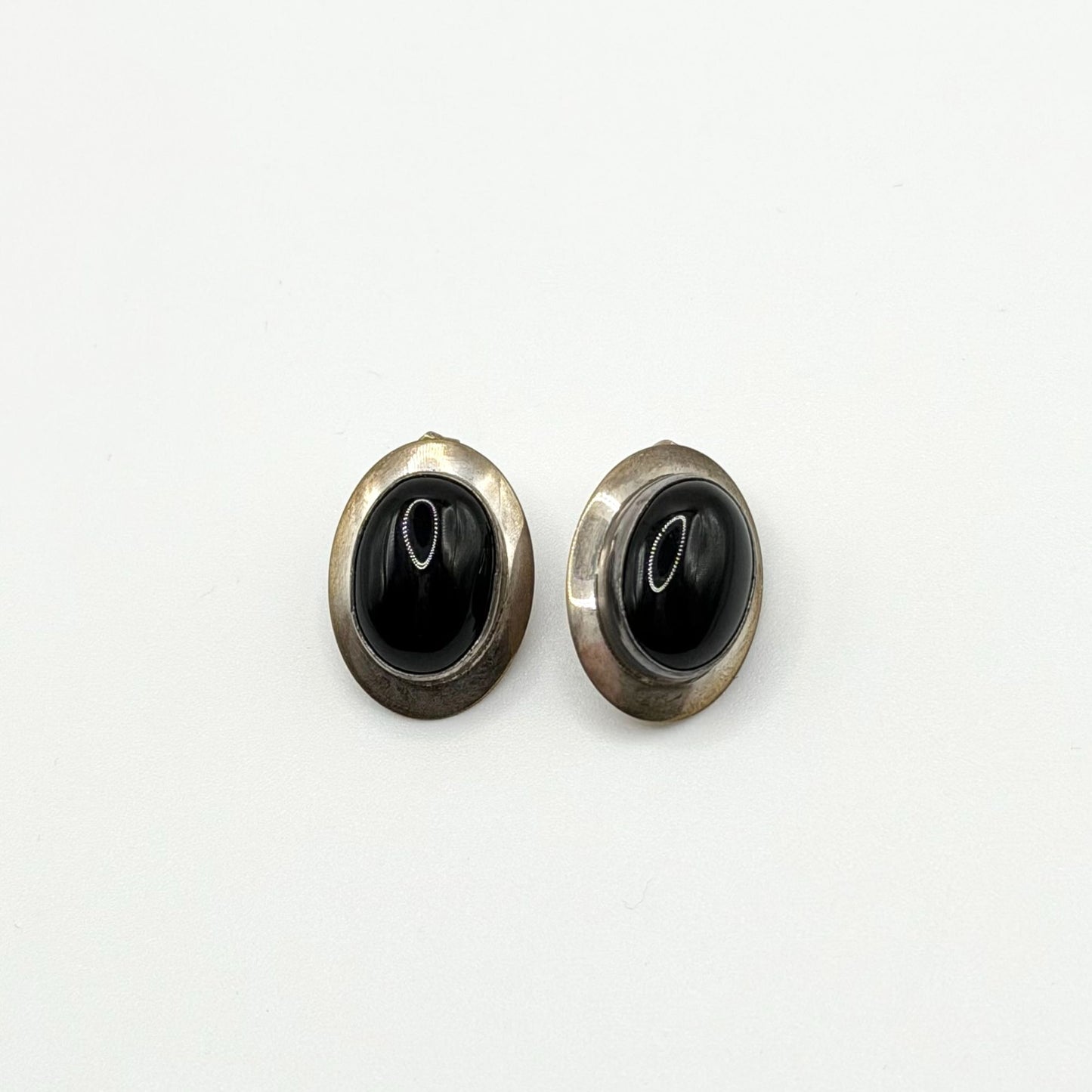 Navajo Genuine Indian Handmade Sterling Silver Oval Earrings With Black Onyx