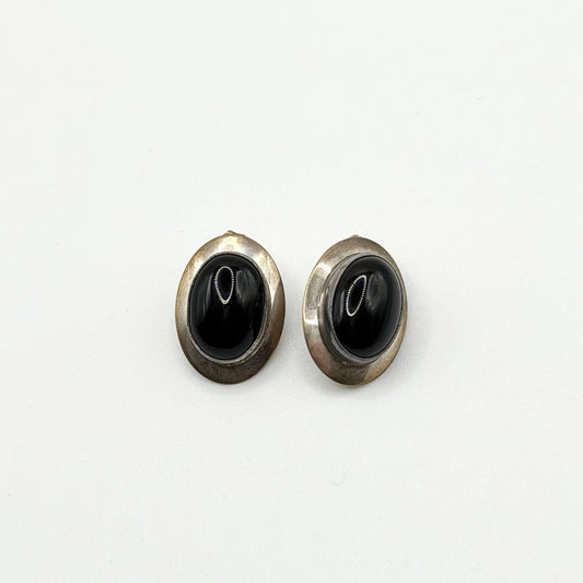 Navajo Genuine Indian Handmade Sterling Silver Oval Earrings With Black Onyx