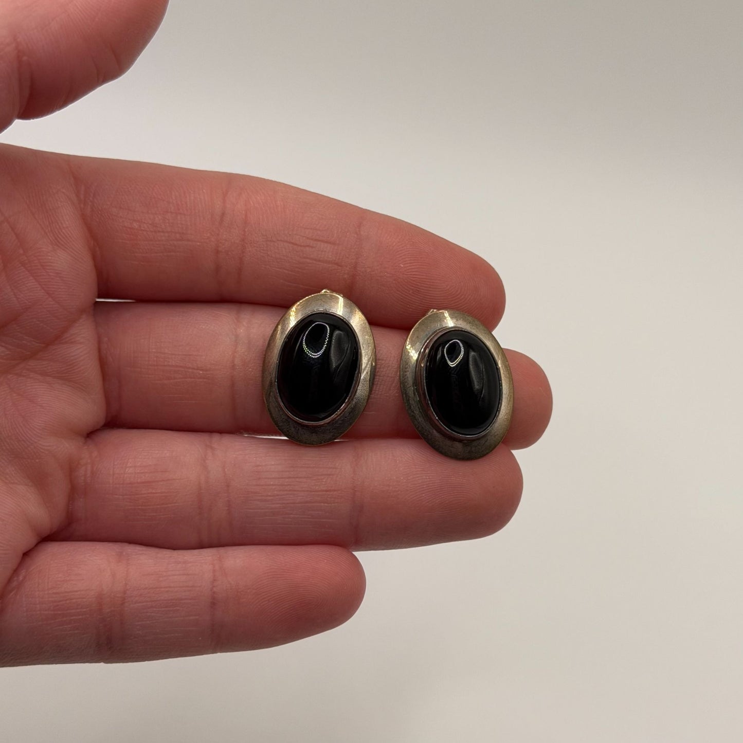 Navajo Genuine Indian Handmade Sterling Silver Oval Earrings With Black Onyx