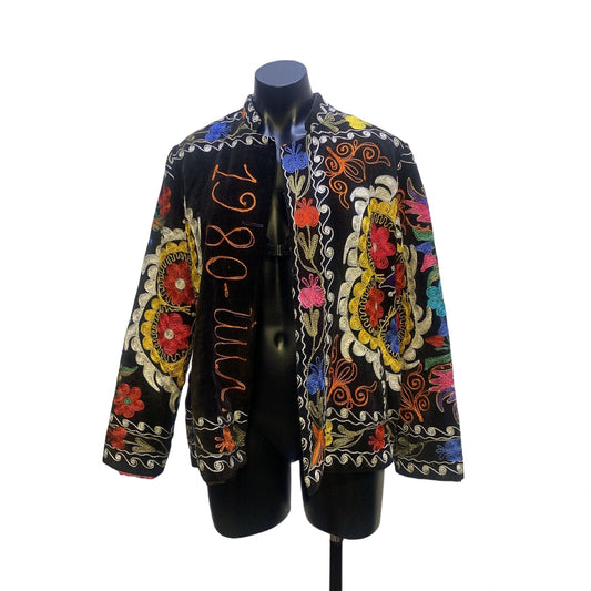 Vintage Uzbek Suzani Velvet Jacket With Colorful Floral Embroidery Bohemian Design Handmade In Istanbul M