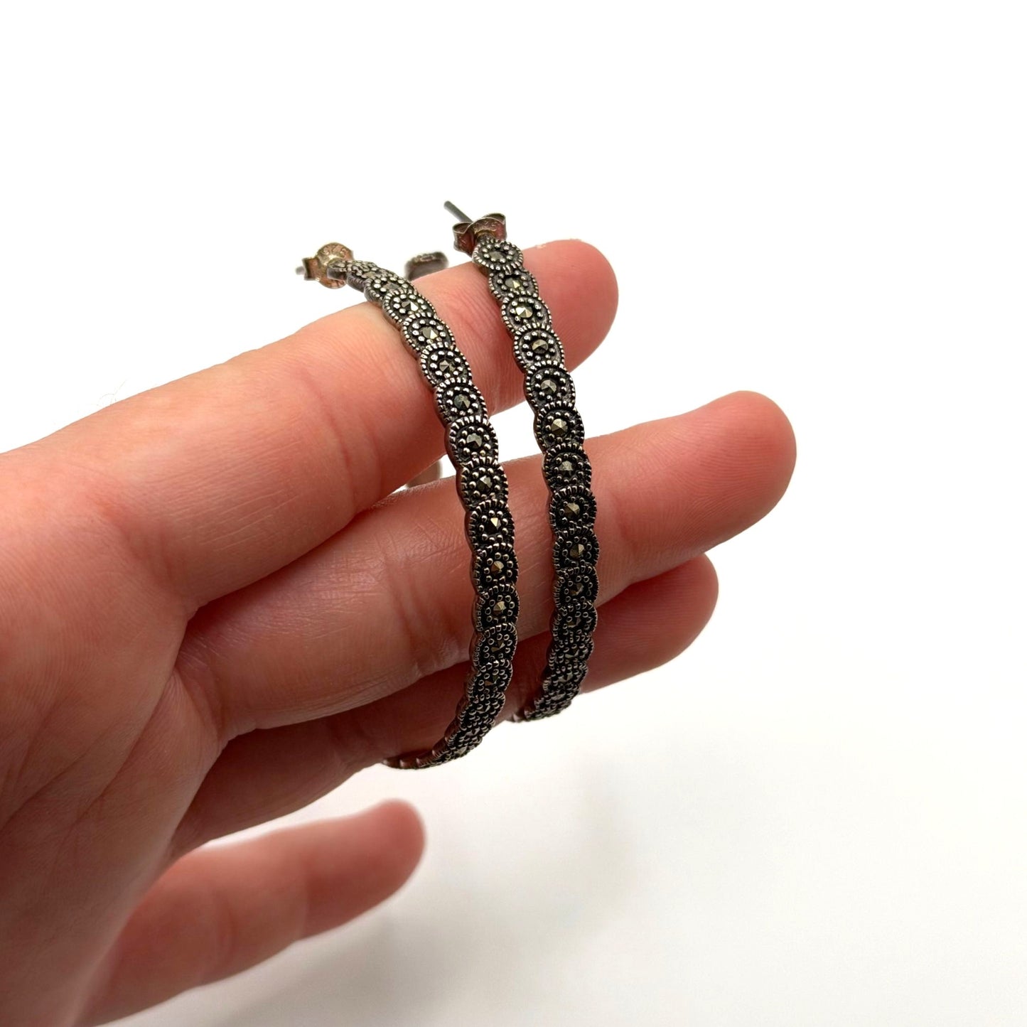 925 Sterling Silver Marcasite Hoop Earrings