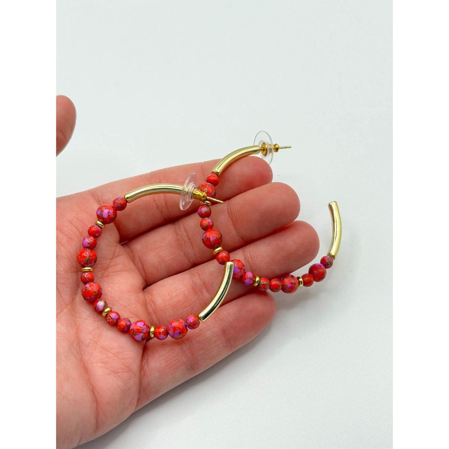 Kendra Scott Red & Gold Beaded Hoop Earrings