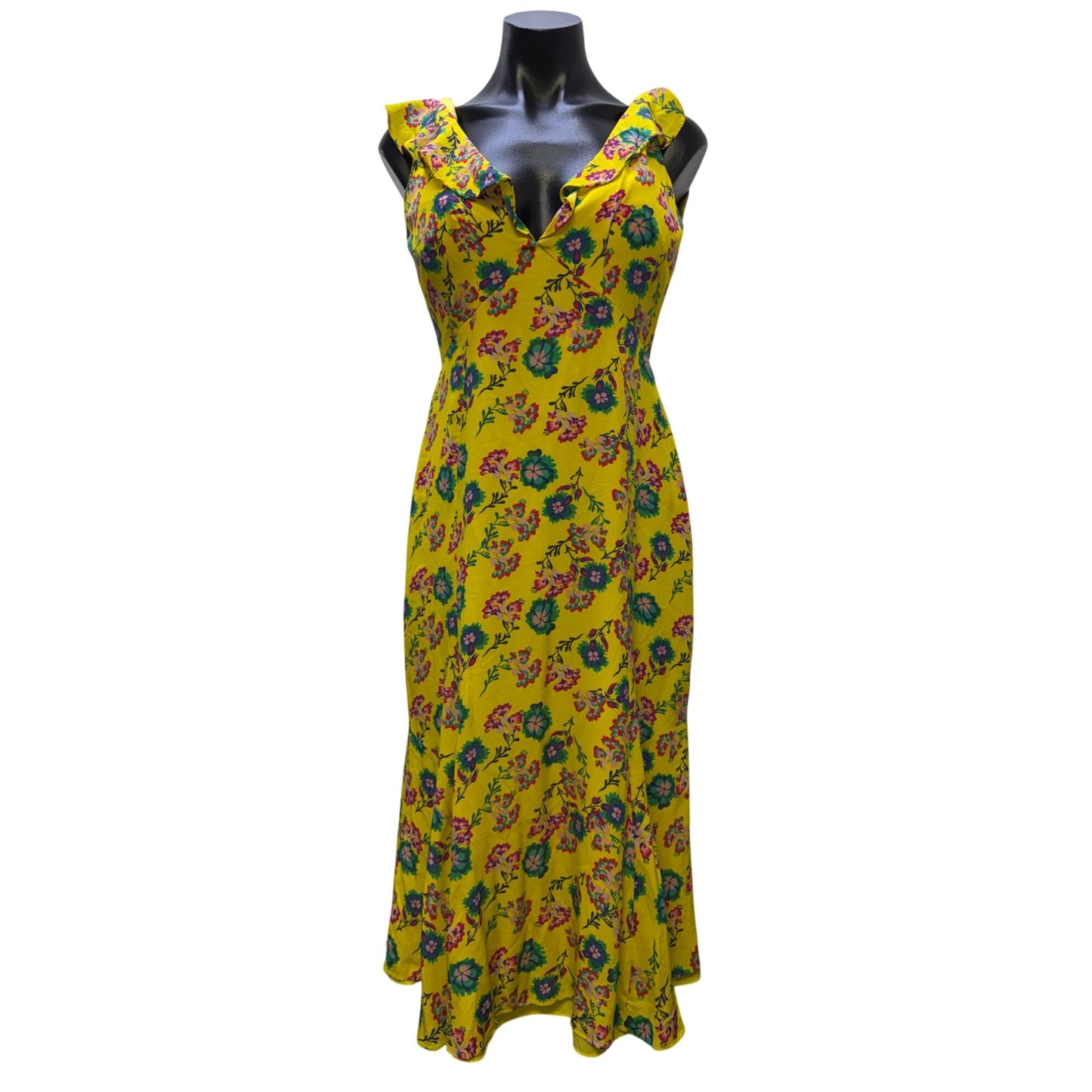 Saloni Holly Yellow Floral Ruffle Silk Midi Dress Size 4