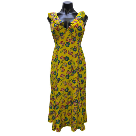 Saloni Holly Yellow Floral Ruffle Silk Midi Dress Size 4