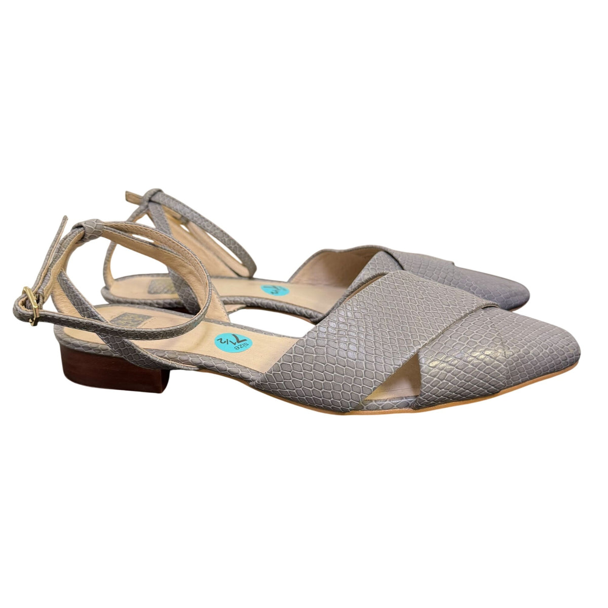 Louise Et Cie Gray Textured Leather Flats With Ankle Strap 7.5
