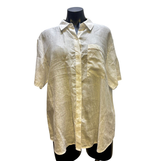 Lafayette 148 Linen Button Down Short Sleeve Shirt White XL