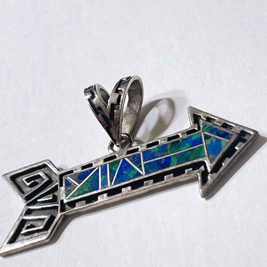 Sterling Silver Arrow Pendant With Blue & Green Stone Inlay Native American Style