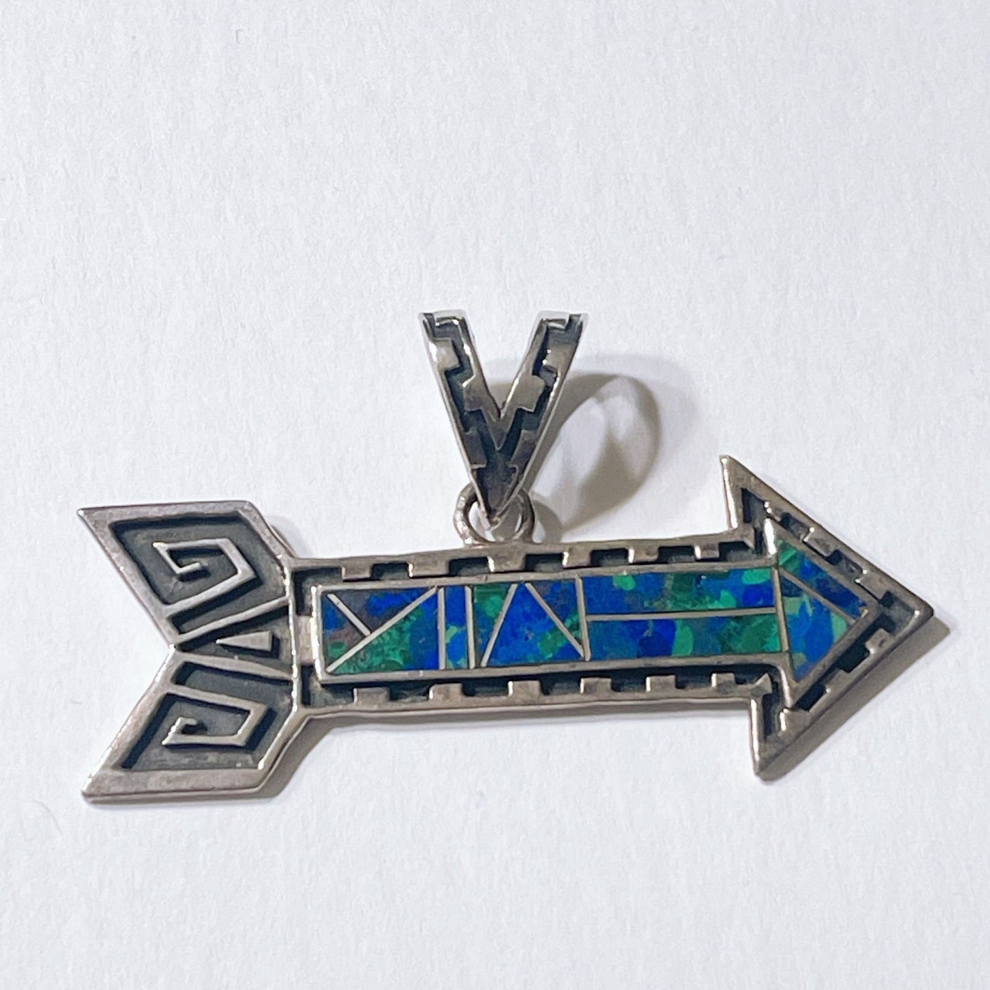 Sterling Silver Arrow Pendant With Blue & Green Stone Inlay Native American Style