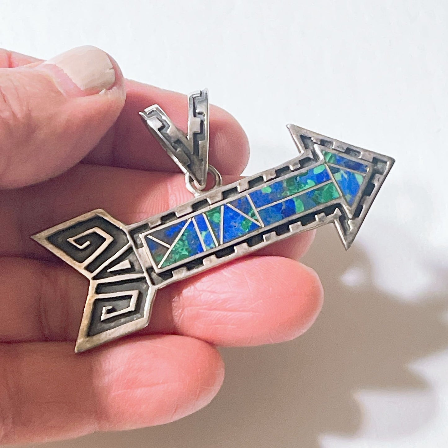 Sterling Silver Arrow Pendant With Blue & Green Stone Inlay Native American Style