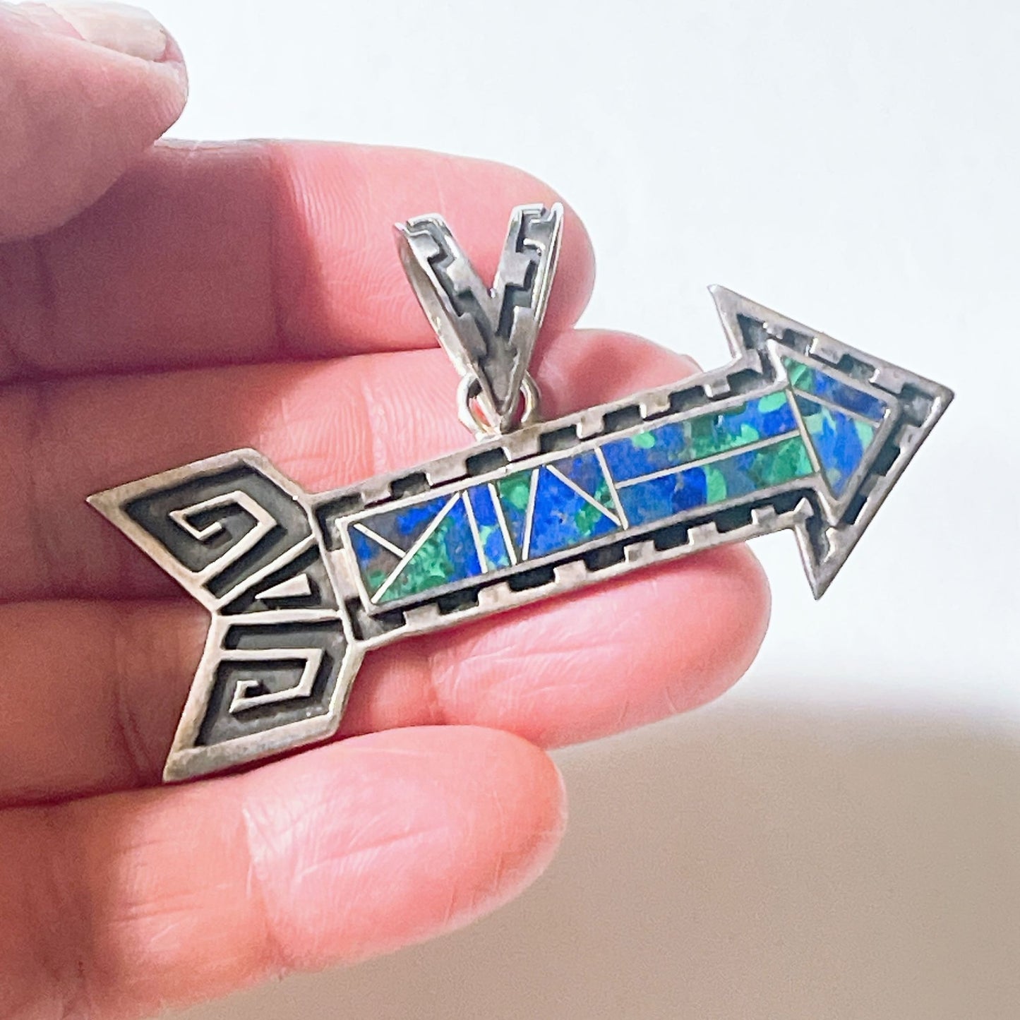 Sterling Silver Arrow Pendant With Blue & Green Stone Inlay Native American Style