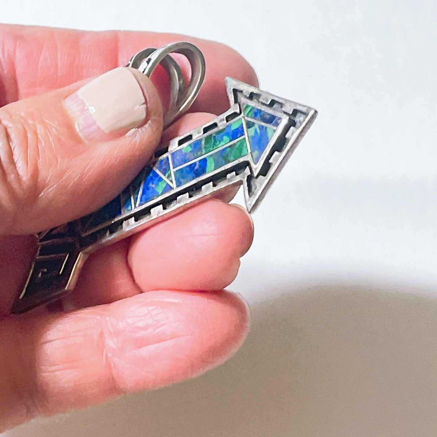 Sterling Silver Arrow Pendant With Blue & Green Stone Inlay Native American Style