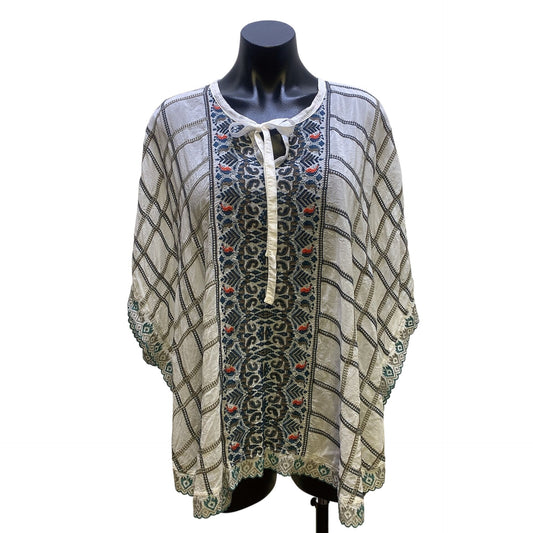 Johnny Was White w/Multicolored Embroidery Sheer Poncho Top, Size Small